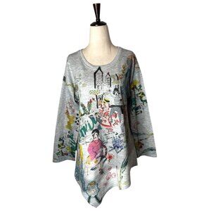 Inoah Shirt Women Medium Gray Artsy Paris Long Sleeve Asymmetric Hem Top‎ Boho